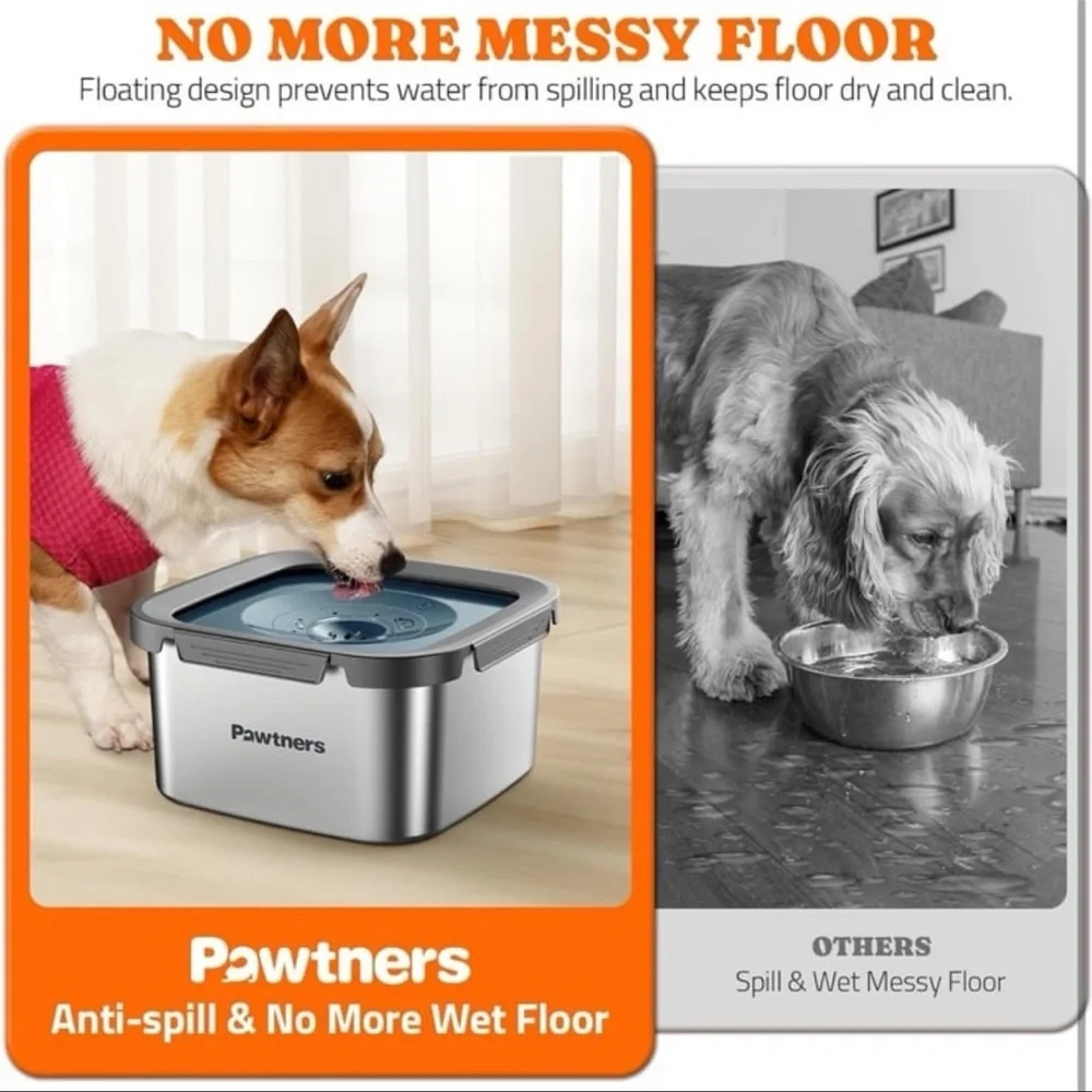 Dog Water Bowl No Spill, 4.5L Stainless Steel Dog Floating Bowl, Slow Water